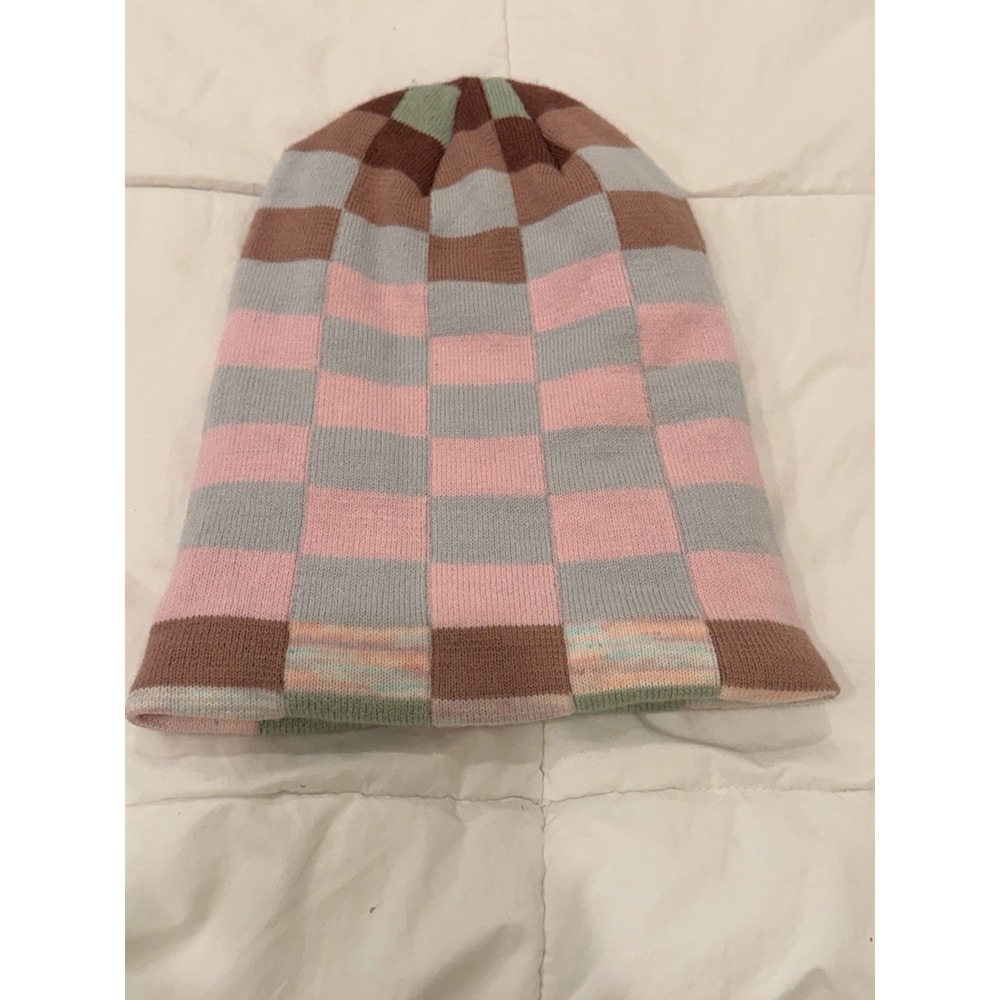 Free People‎ Plaid Knit Beanie Pink Brown Green Y2K Cuffed Hat OS